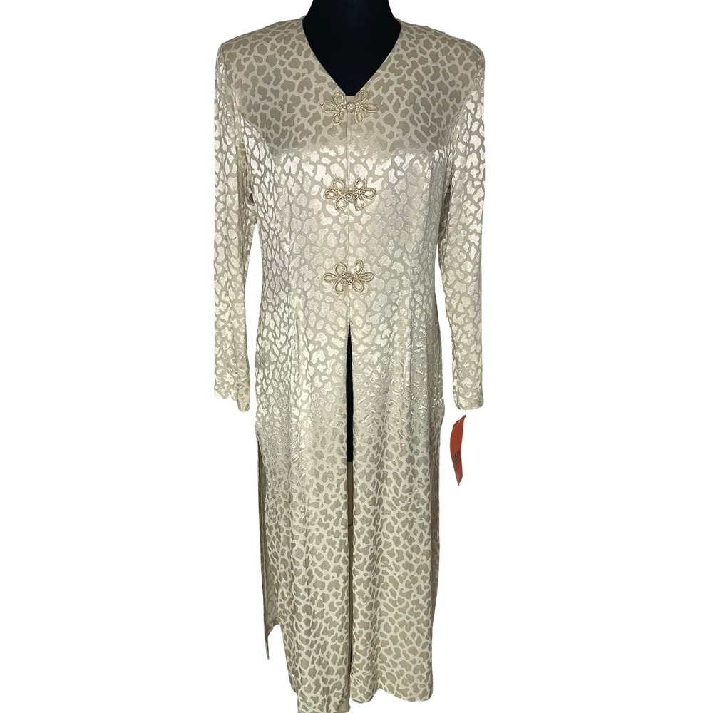 R&M Richard Champagne Leopard Jacquard Duster Jacket 14P NWT Sequin Frog Evening